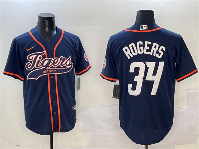 Men's Detroit Tigers #34 Jake Rogers Navy With Patch Cool Base Stitched Baseball Jersey Men's Detroit Tigers #34 Jake Rogers Navy With Patch Cool Base Stitched Baseball Jersey